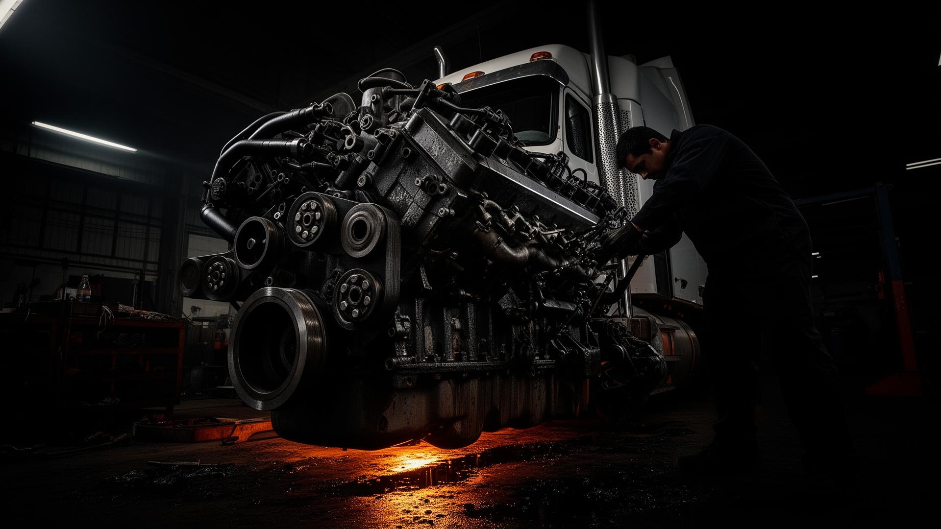Heavy-duty truck engine under repair